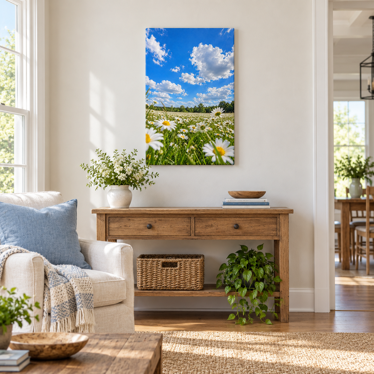 Blue Sky Daisy Meadow — Stretched Canvas room scene | AUSJOJO