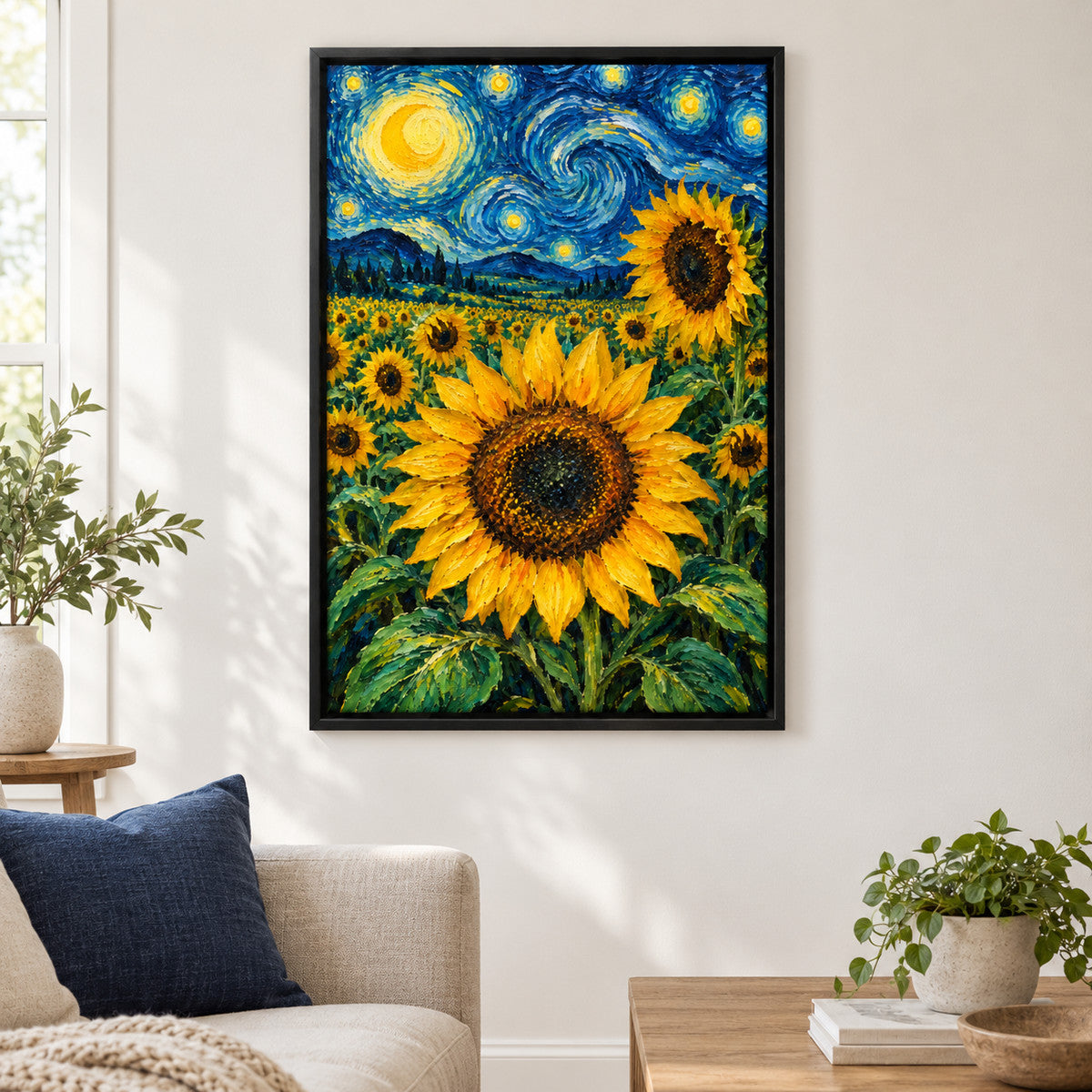 Moonlit Sunflower Field Impasto — Black Frame wall scene | AUSJOJO