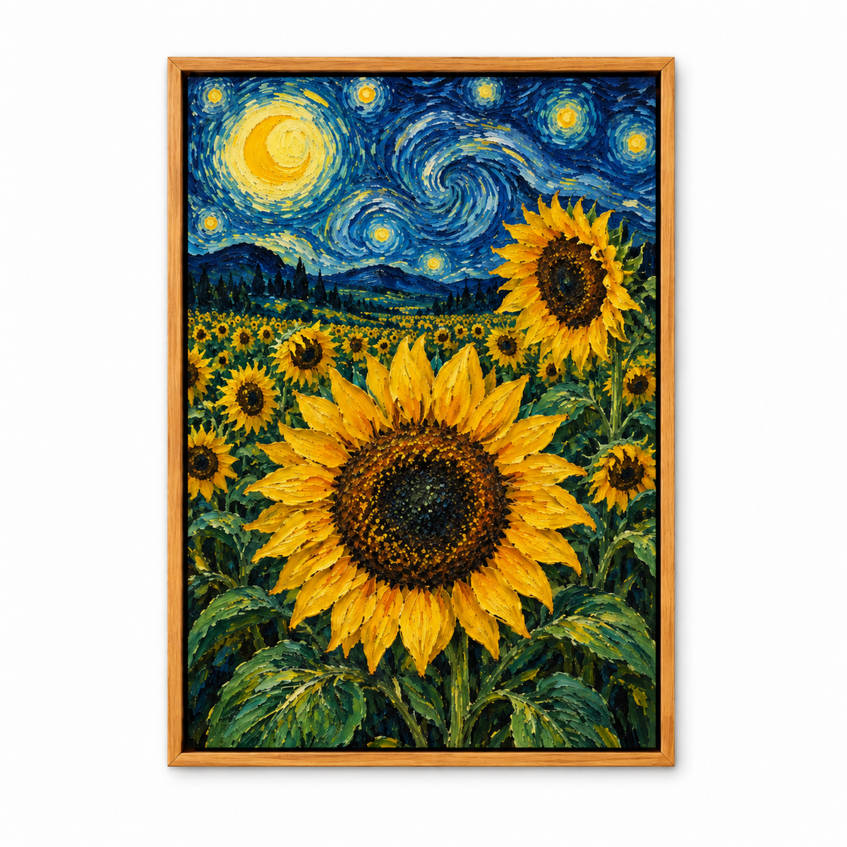 Moonlit Sunflower Field Impasto — Brown Frame finish product view | AUSJOJO