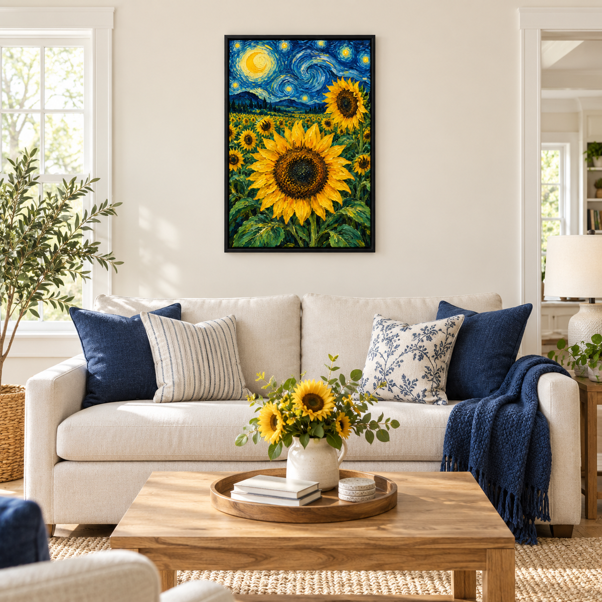 Moonlit Sunflower Field Impasto — Black Frame room scene | AUSJOJO