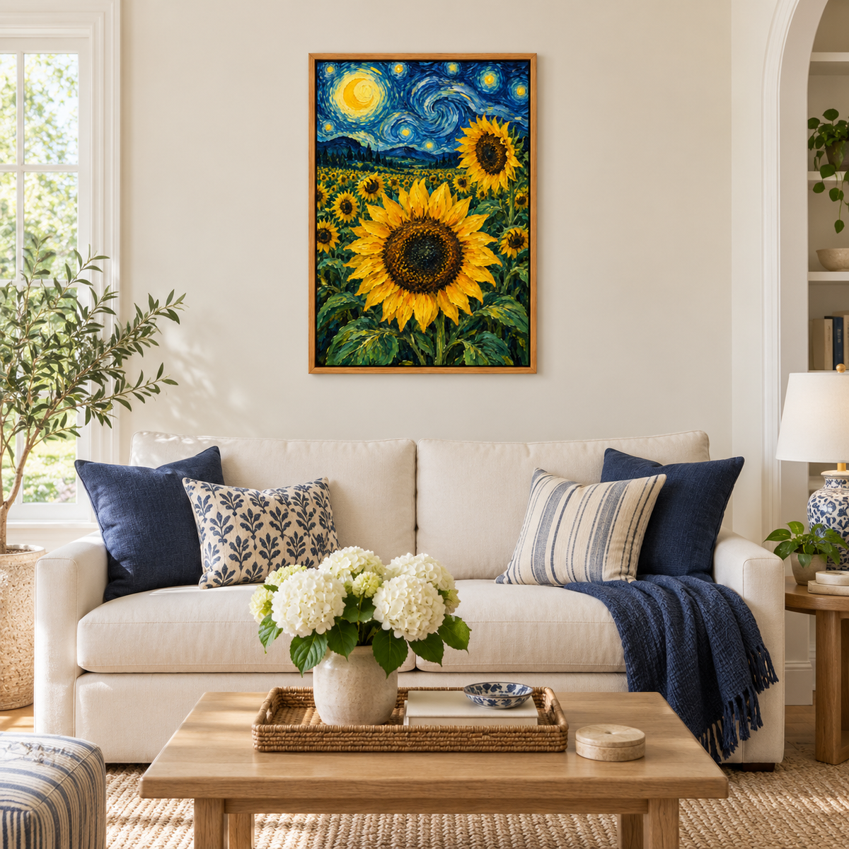 Moonlit Sunflower Field Impasto — Brown Frame room scene | AUSJOJO