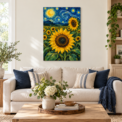 Moonlit Sunflower Field Impasto — Stretched Canvas room scene | AUSJOJO