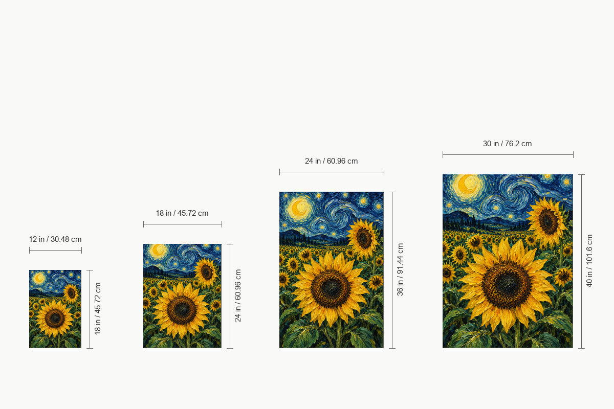 Moonlit Sunflower Field Impasto — size comparison guide | AUSJOJO