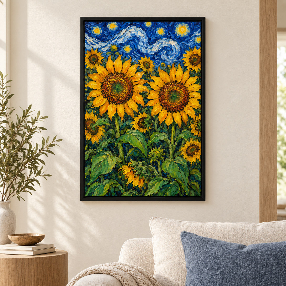 Twin Sunflowers and Swirling Night Sky — Black Frame wall scene | AUSJOJO