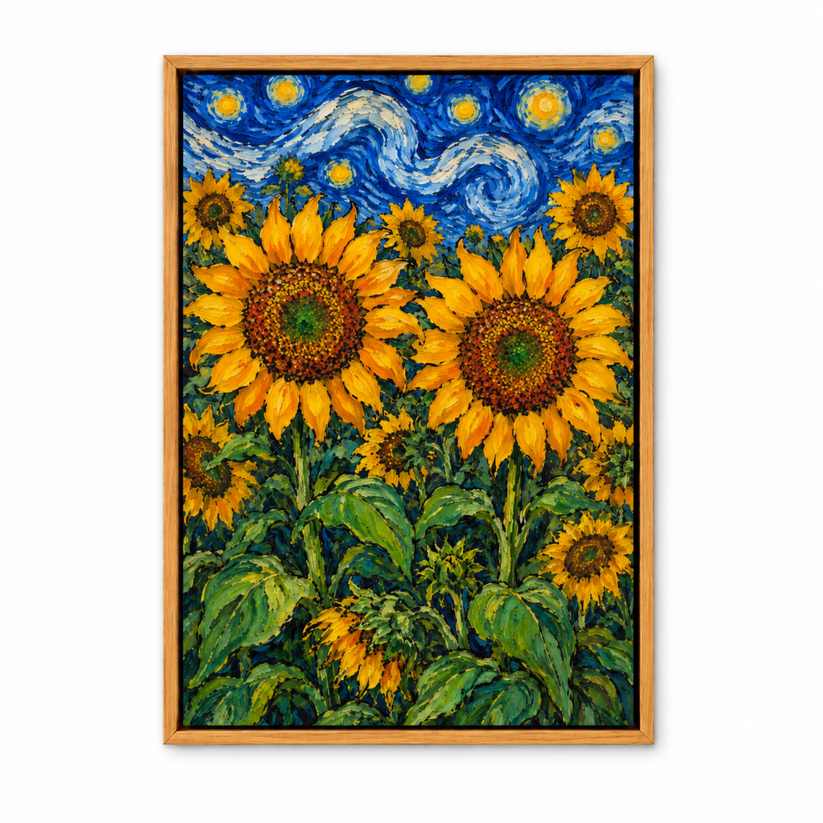 Twin Sunflowers and Swirling Night Sky — Brown Frame finish product view | AUSJOJO