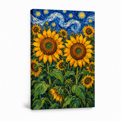 Twin Sunflowers and Swirling Night Sky — Stretched Canvas product view | AUSJOJO