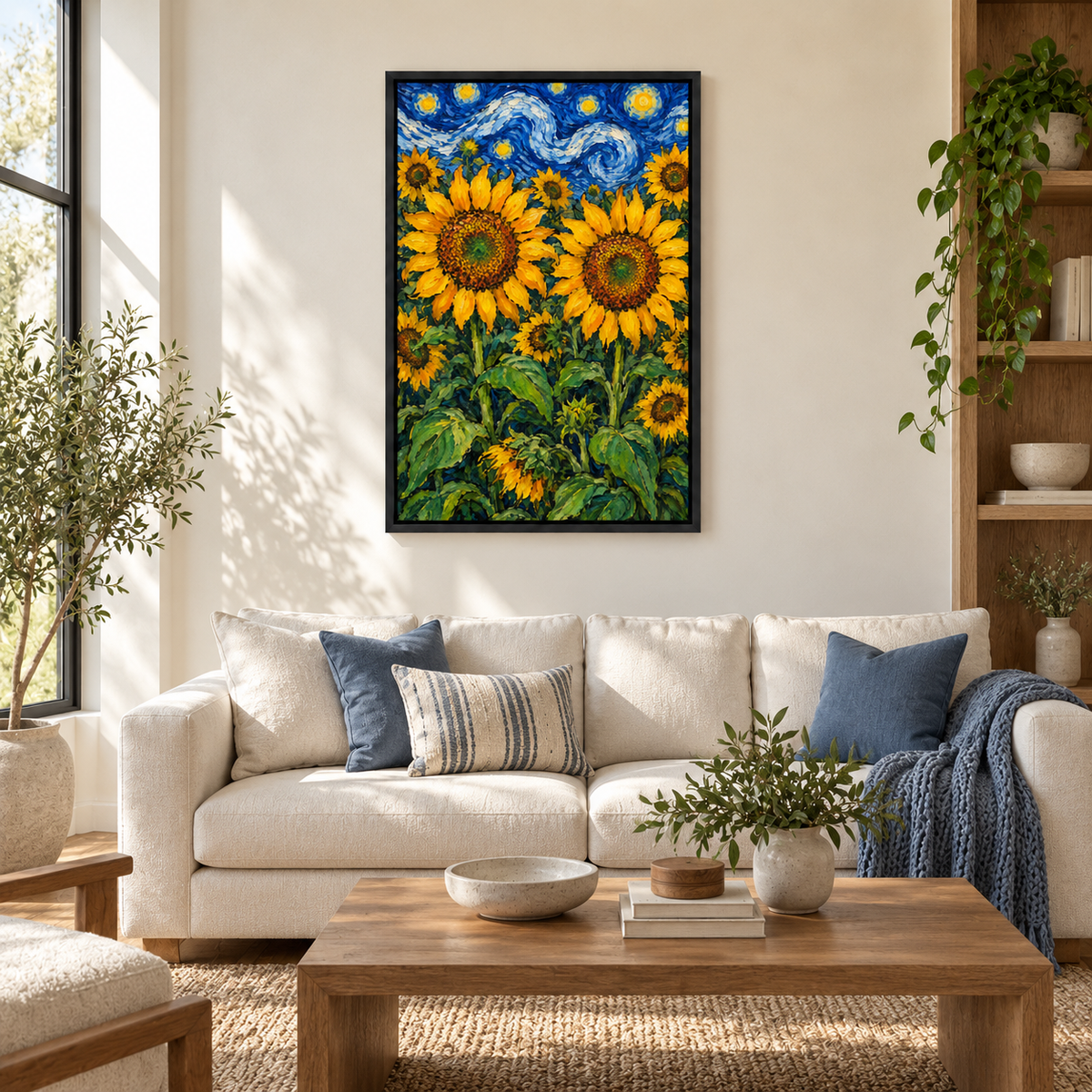 Twin Sunflowers and Swirling Night Sky — Black Frame room scene | AUSJOJO