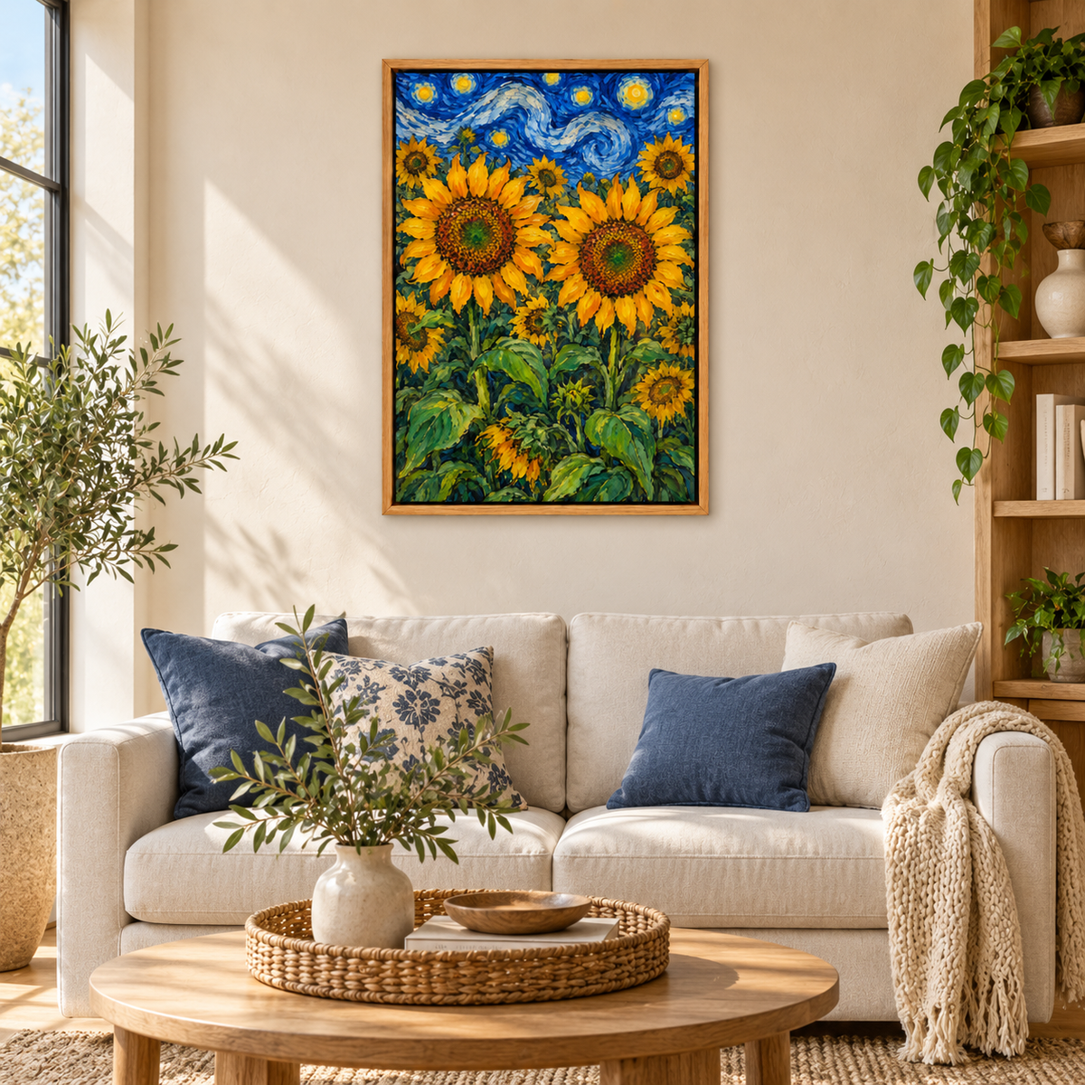 Twin Sunflowers and Swirling Night Sky — Brown Frame room scene | AUSJOJO