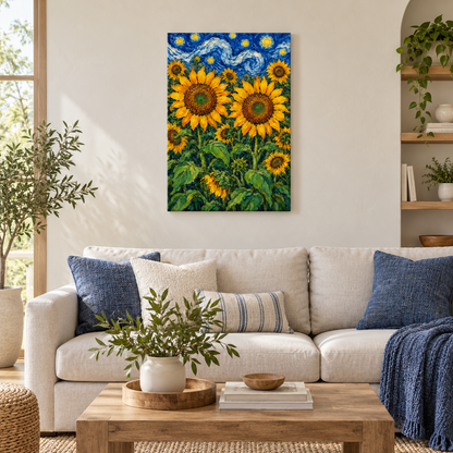 Twin Sunflowers and Swirling Night Sky — Stretched Canvas room scene | AUSJOJO