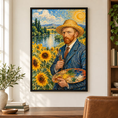 Straw Hat Painter in Sunflower Landscape — Black Frame wall scene | AUSJOJO