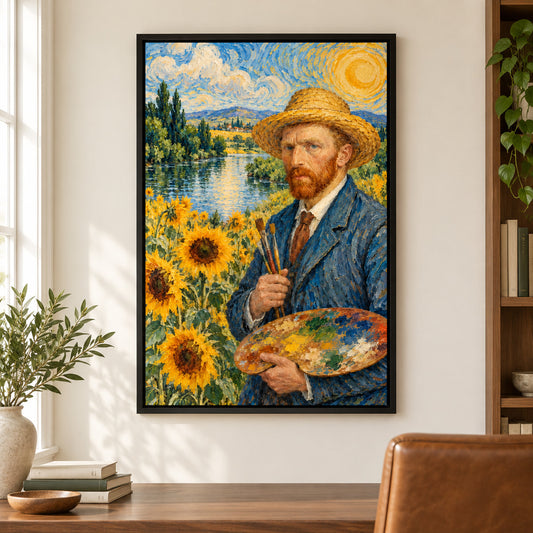 Straw Hat Painter in Sunflower Landscape — Black Frame wall scene | AUSJOJO