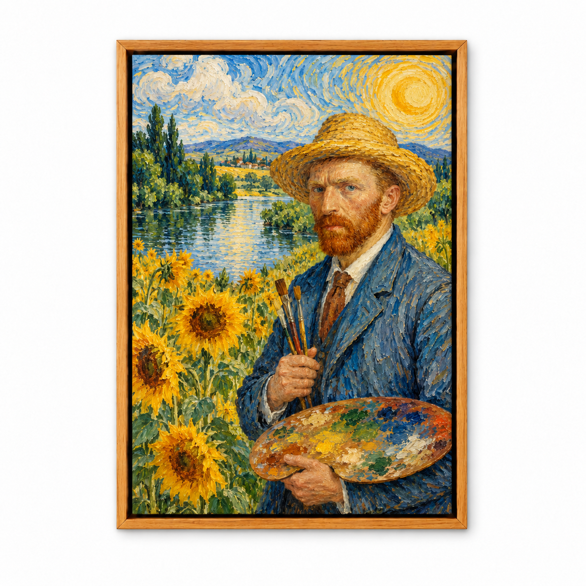Straw Hat Painter in Sunflower Landscape — Brown Frame finish product view | AUSJOJO