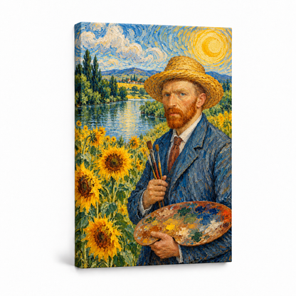 Straw Hat Painter in Sunflower Landscape — Stretched Canvas product view | AUSJOJO