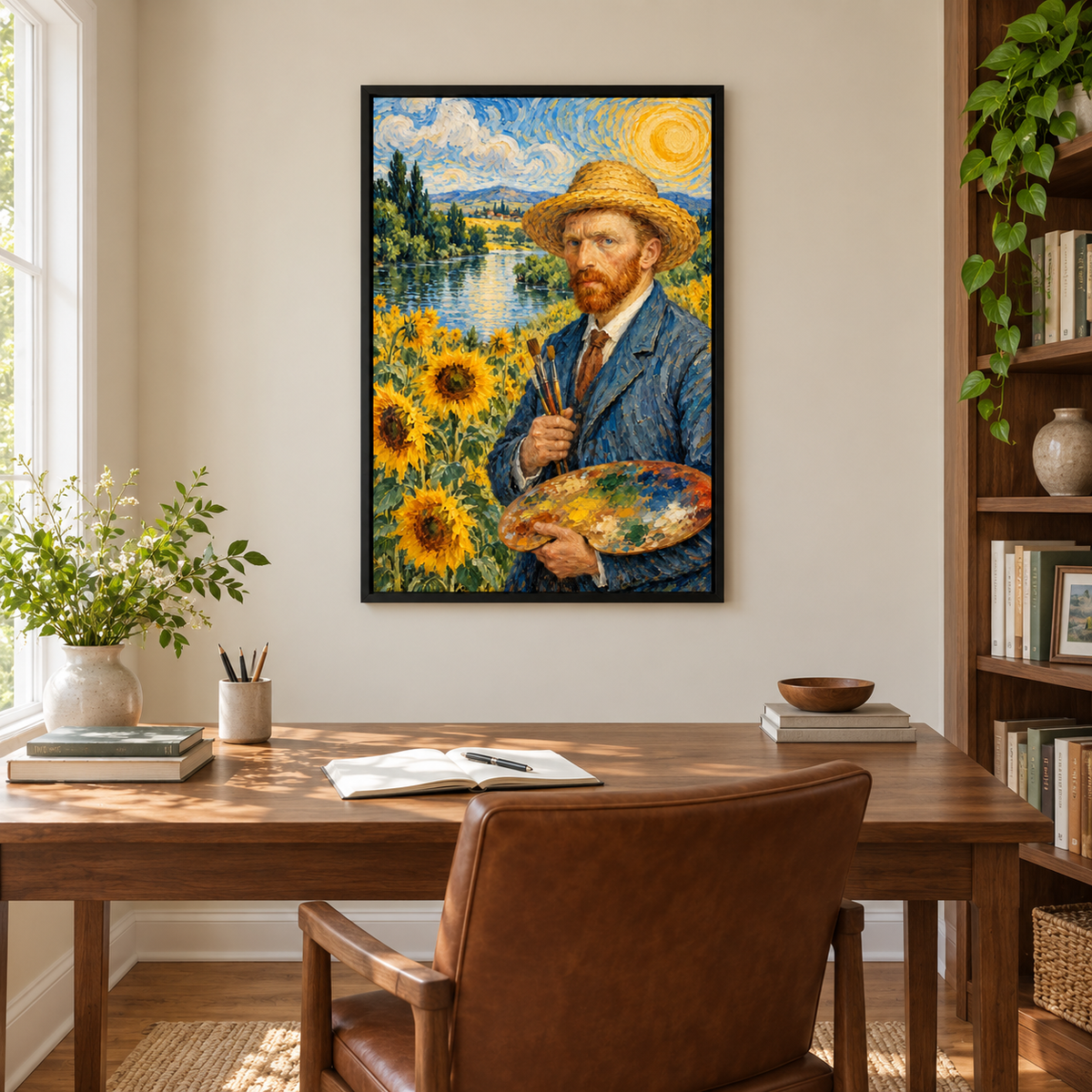 Straw Hat Painter in Sunflower Landscape — Black Frame room scene | AUSJOJO