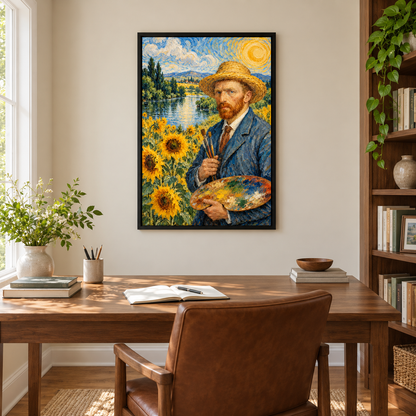 Straw Hat Painter in Sunflower Landscape — Black Frame room scene | AUSJOJO