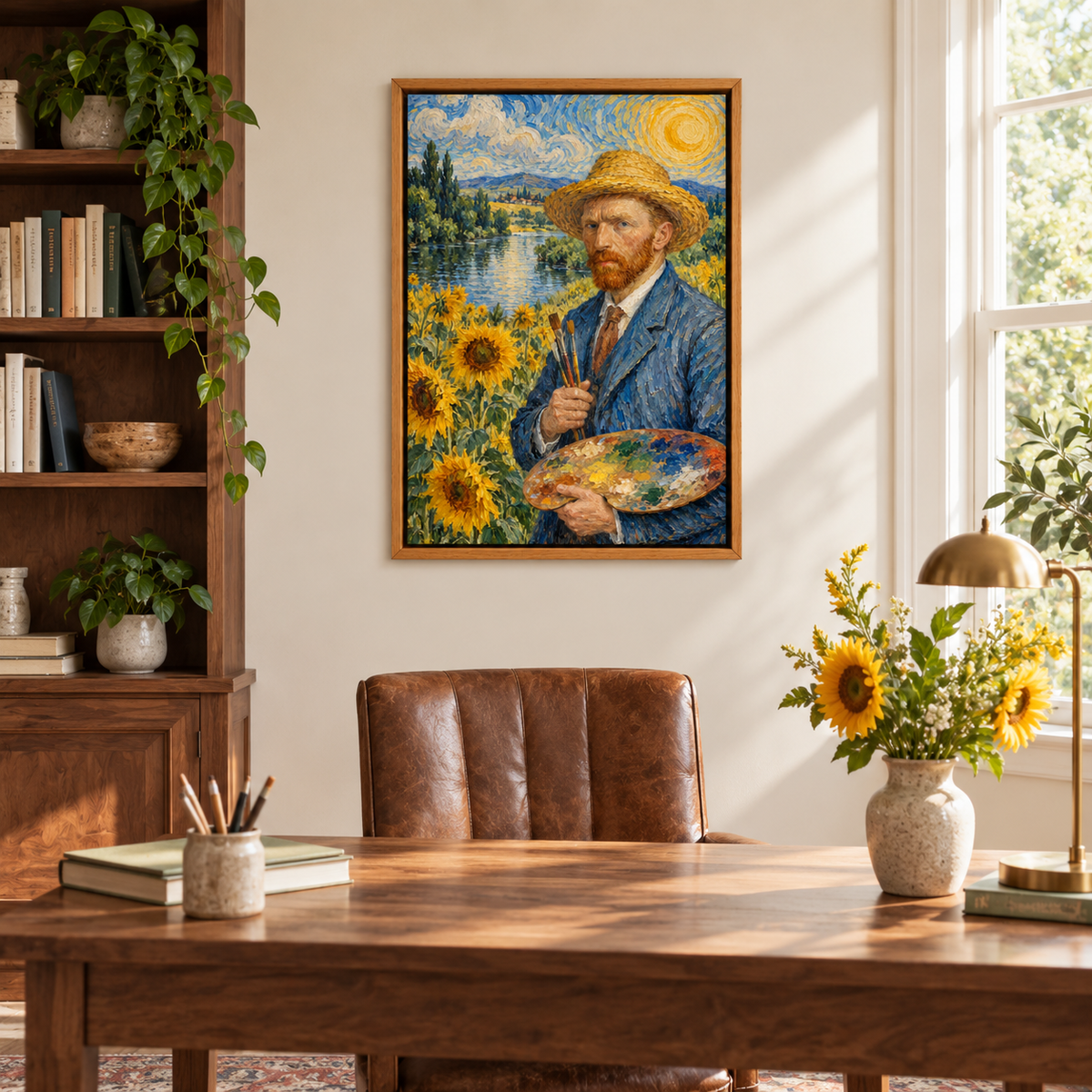 Straw Hat Painter in Sunflower Landscape — Brown Frame room scene | AUSJOJO