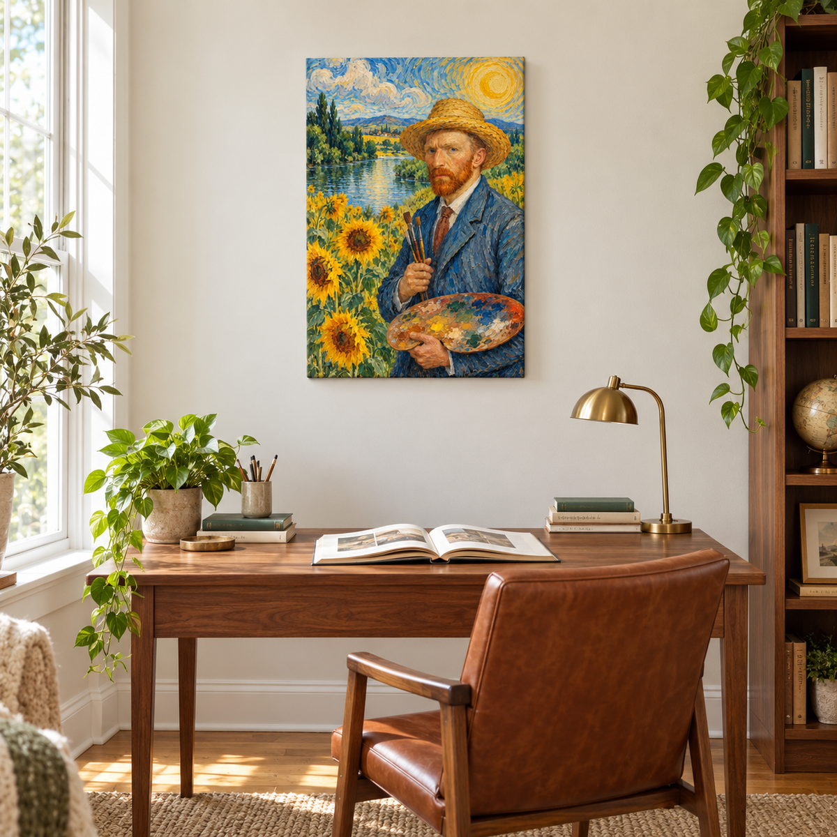 Straw Hat Painter in Sunflower Landscape — Stretched Canvas room scene | AUSJOJO