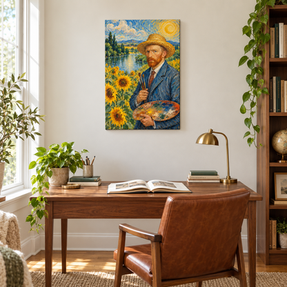 Straw Hat Painter in Sunflower Landscape — Stretched Canvas room scene | AUSJOJO