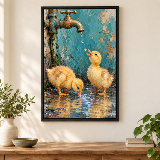 Two Ducklings and Brass Faucet — Black Frame wall scene | AUSJOJO