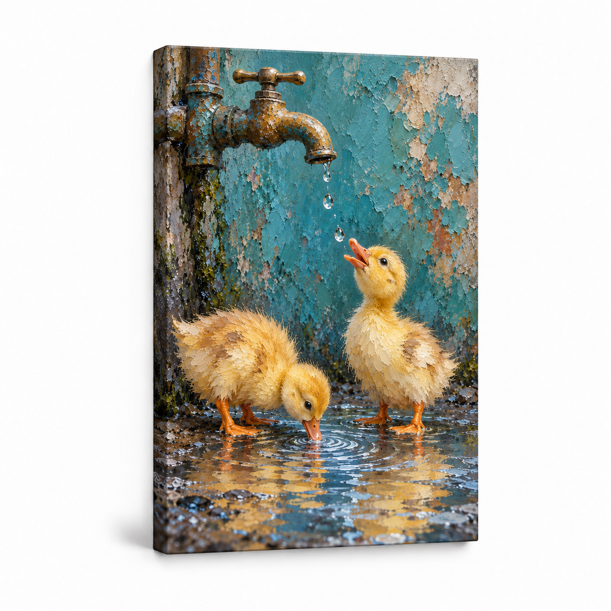 Two Ducklings and Brass Faucet — Stretched Canvas product view | AUSJOJO