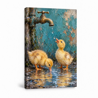 Two Ducklings and Brass Faucet — Stretched Canvas product view | AUSJOJO