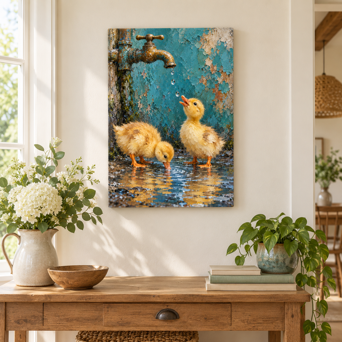 Two Ducklings and Brass Faucet — Stretched Canvas room scene | AUSJOJO