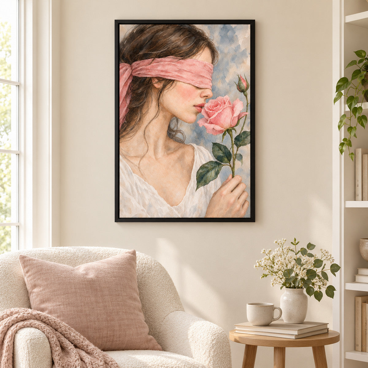 Blindfold Woman with Pink Rose Watercolor — Black Frame wall scene | AUSJOJO