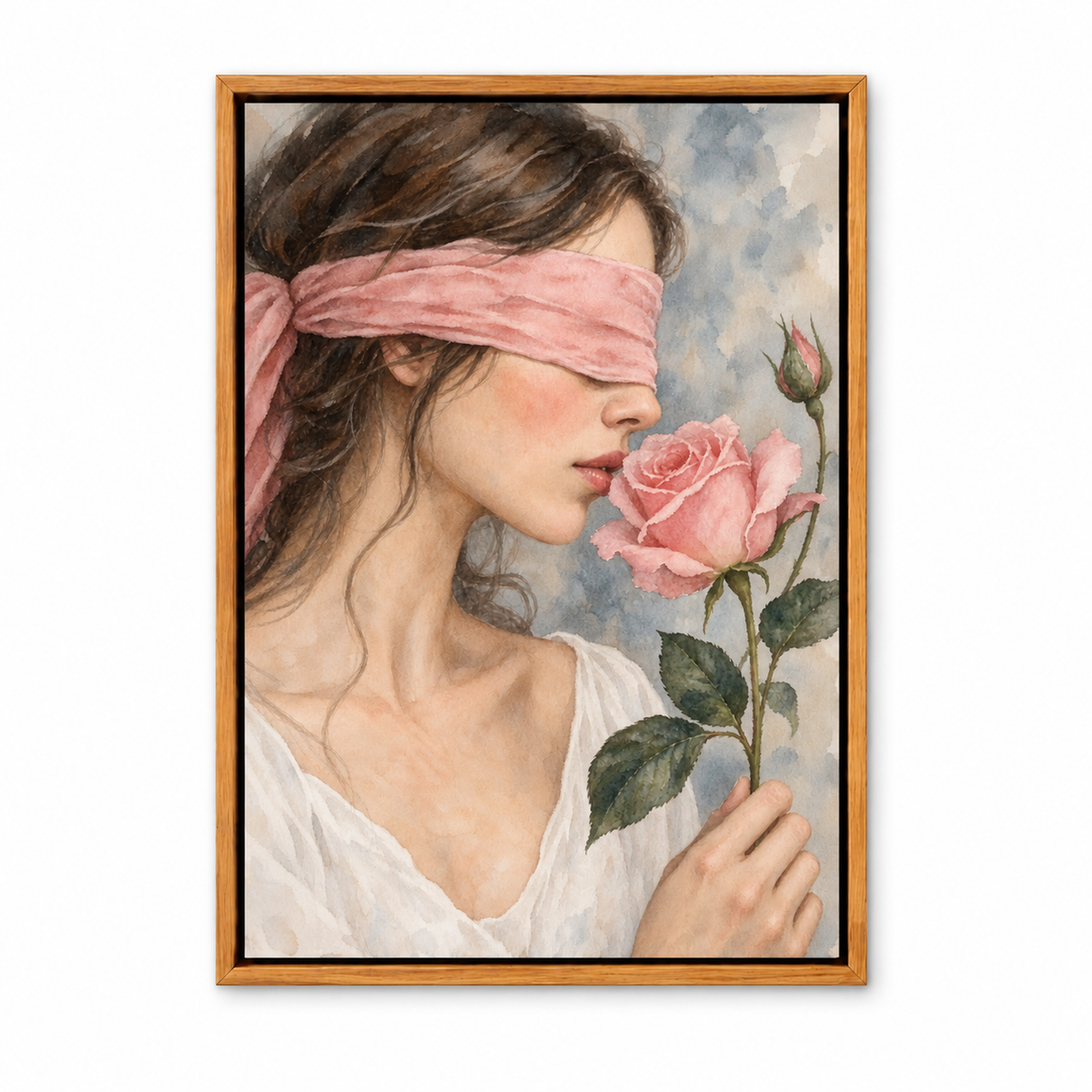Blindfold Woman with Pink Rose Watercolor — Brown Frame finish product view | AUSJOJO
