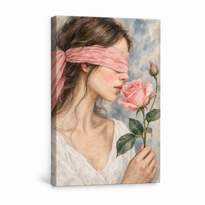 Blindfold Woman with Pink Rose Watercolor — Stretched Canvas product view | AUSJOJO