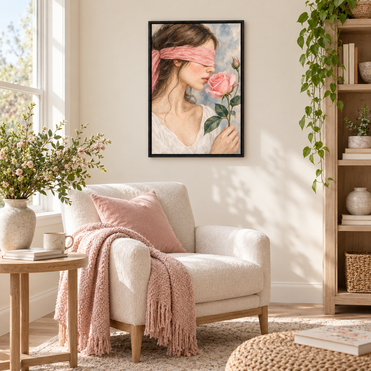Blindfold Woman with Pink Rose Watercolor — Black Frame room scene | AUSJOJO