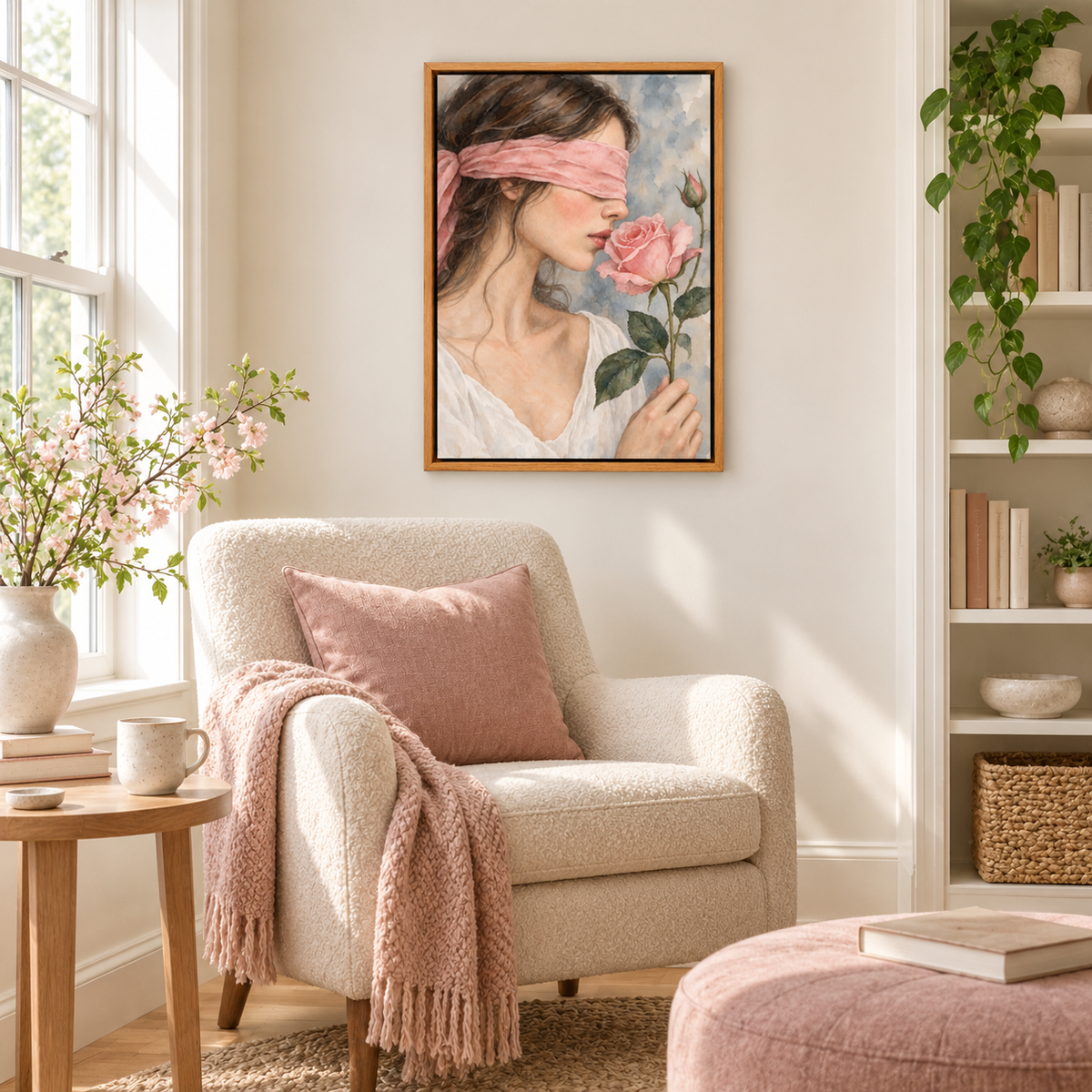 Blindfold Woman with Pink Rose Watercolor — Brown Frame room scene | AUSJOJO