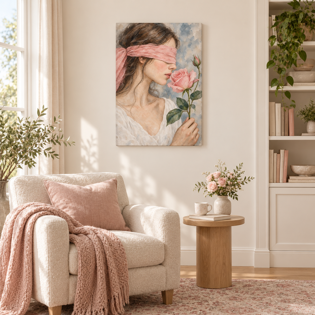 Blindfold Woman with Pink Rose Watercolor — Stretched Canvas room scene | AUSJOJO