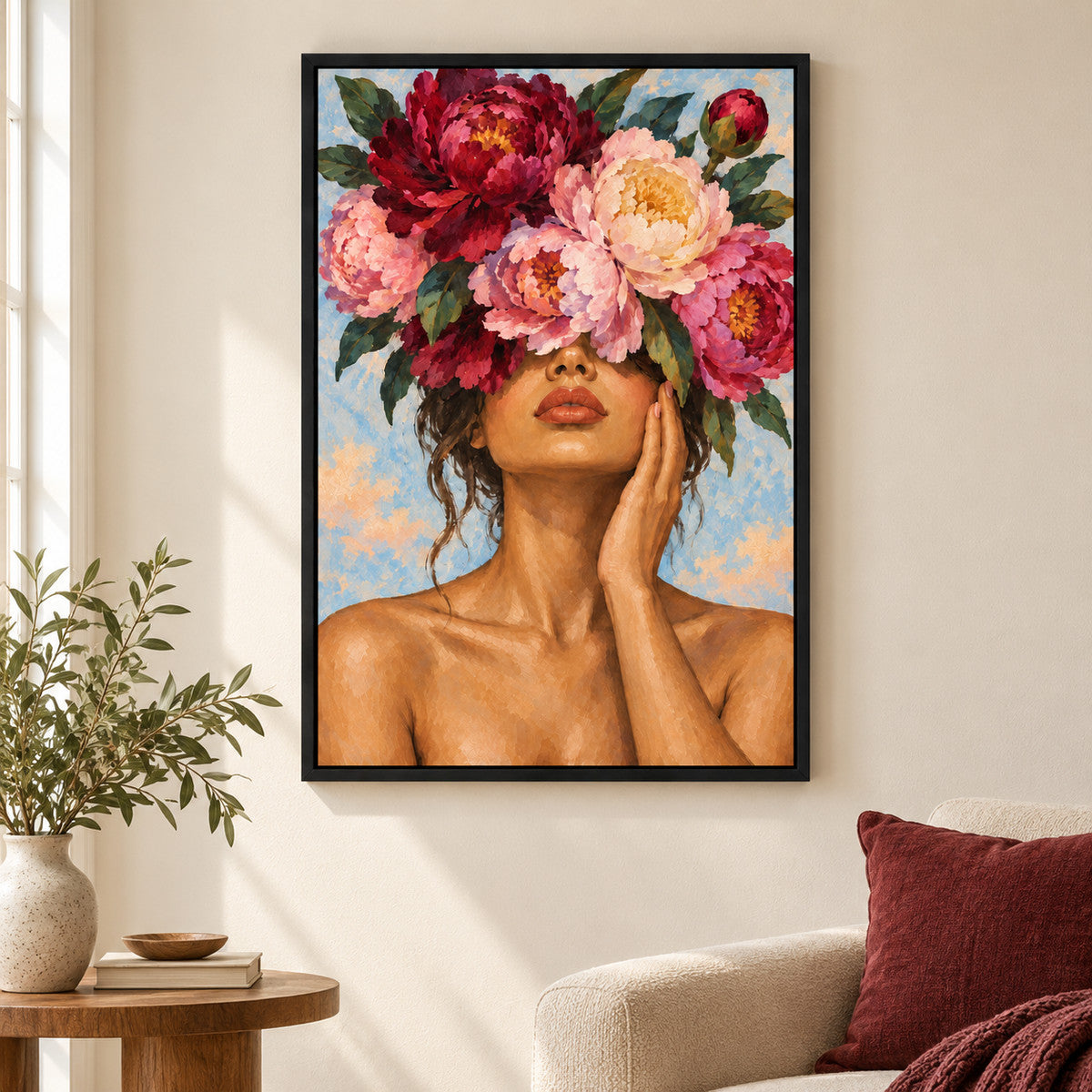 Flower Crown Woman Portrait — Black Frame wall scene | AUSJOJO