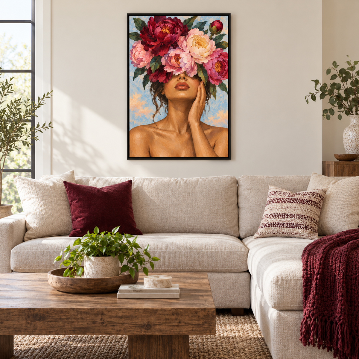 Flower Crown Woman Portrait — Black Frame room scene | AUSJOJO