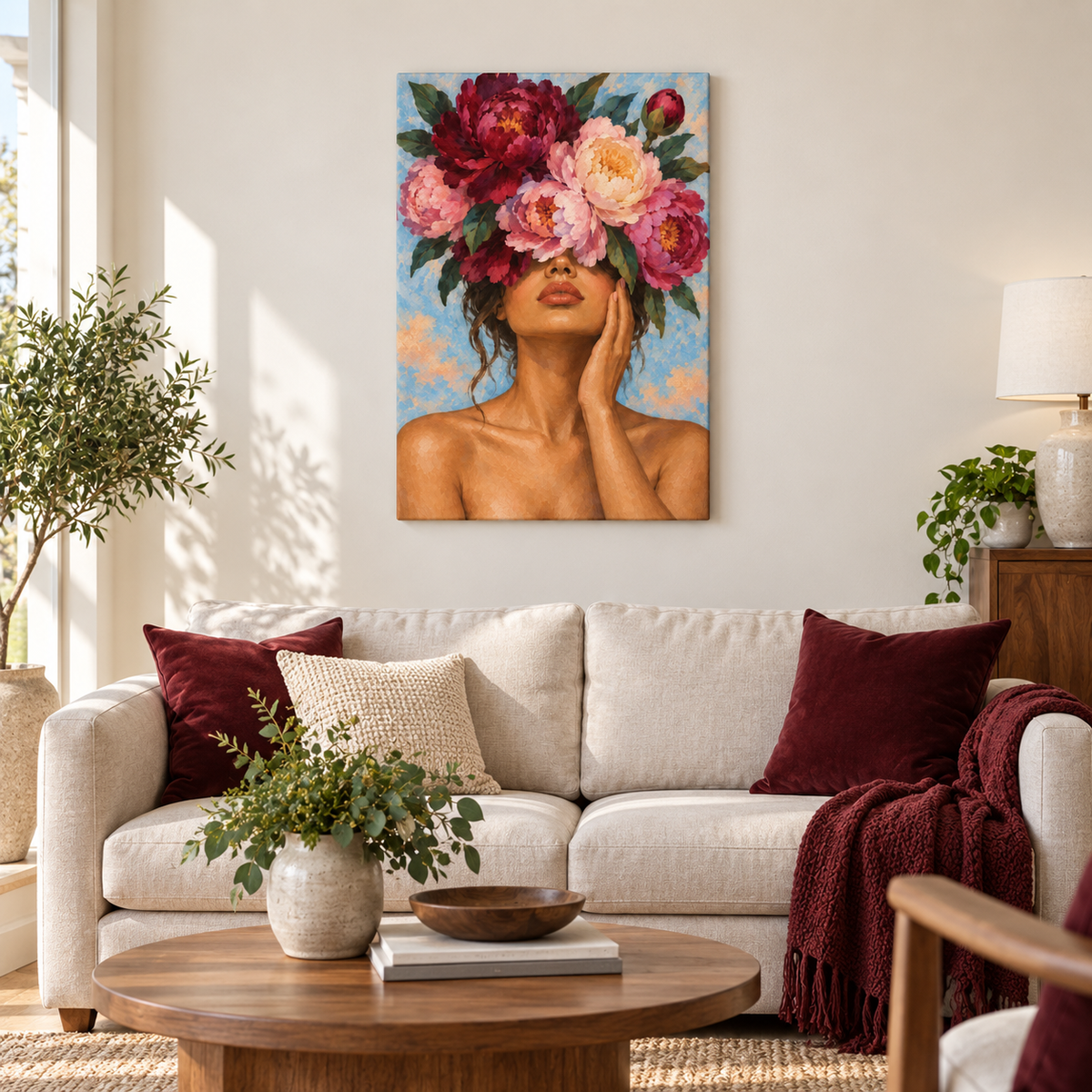 Flower Crown Woman Portrait — Stretched Canvas room scene | AUSJOJO