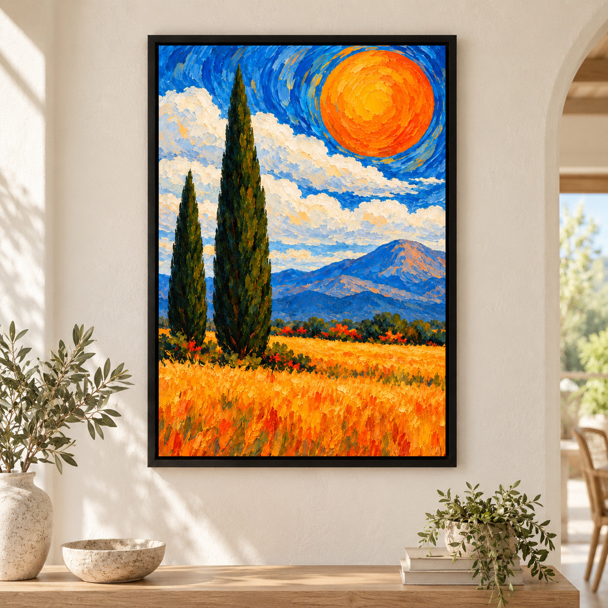 Two Cypress Trees and Orange Sun — Black Frame wall scene | AUSJOJO