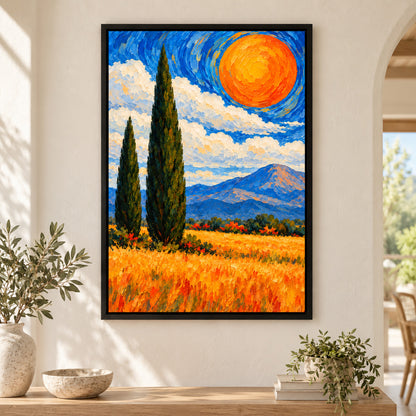 Two Cypress Trees and Orange Sun — Black Frame wall scene | AUSJOJO