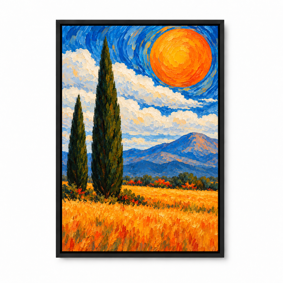 Two Cypress Trees and Orange Sun — Black Frame finish product view | AUSJOJO