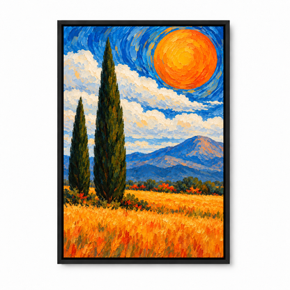 Two Cypress Trees and Orange Sun — Black Frame finish product view | AUSJOJO