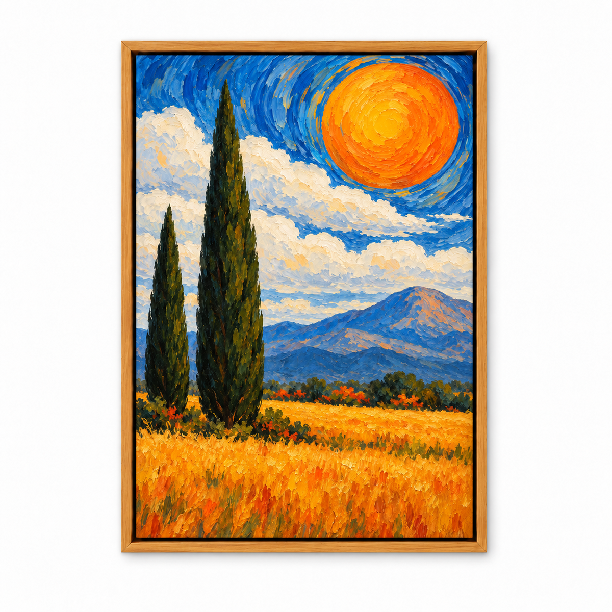 Two Cypress Trees and Orange Sun — Brown Frame finish product view | AUSJOJO