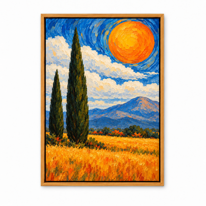 Two Cypress Trees and Orange Sun — Brown Frame finish product view | AUSJOJO