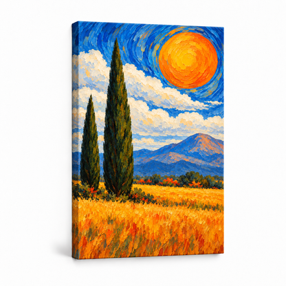 Two Cypress Trees and Orange Sun — Stretched Canvas product view | AUSJOJO