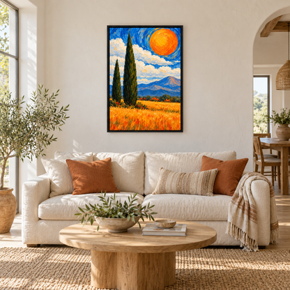 Two Cypress Trees and Orange Sun — Black Frame room scene | AUSJOJO