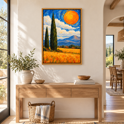 Two Cypress Trees and Orange Sun — Brown Frame room scene | AUSJOJO