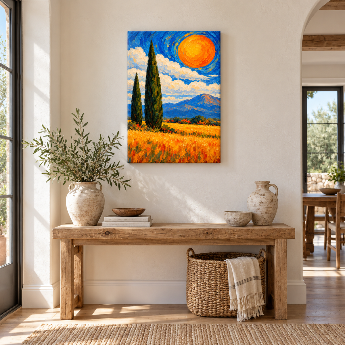 Two Cypress Trees and Orange Sun — Stretched Canvas room scene | AUSJOJO