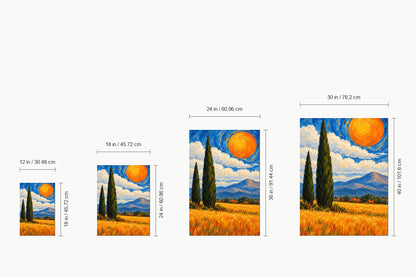 Two Cypress Trees and Orange Sun — size comparison guide | AUSJOJO