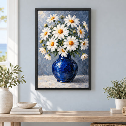 White Daisies in Cobalt Blue Vase — Black Frame wall scene | AUSJOJO