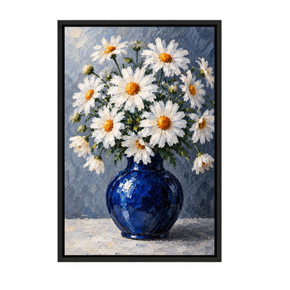 White Daisies in Cobalt Blue Vase — Black Frame finish product view | AUSJOJO