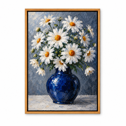 White Daisies in Cobalt Blue Vase — Brown Frame finish product view | AUSJOJO