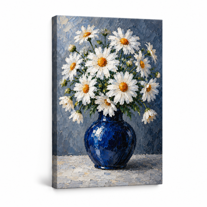 White Daisies in Cobalt Blue Vase — Stretched Canvas product view | AUSJOJO